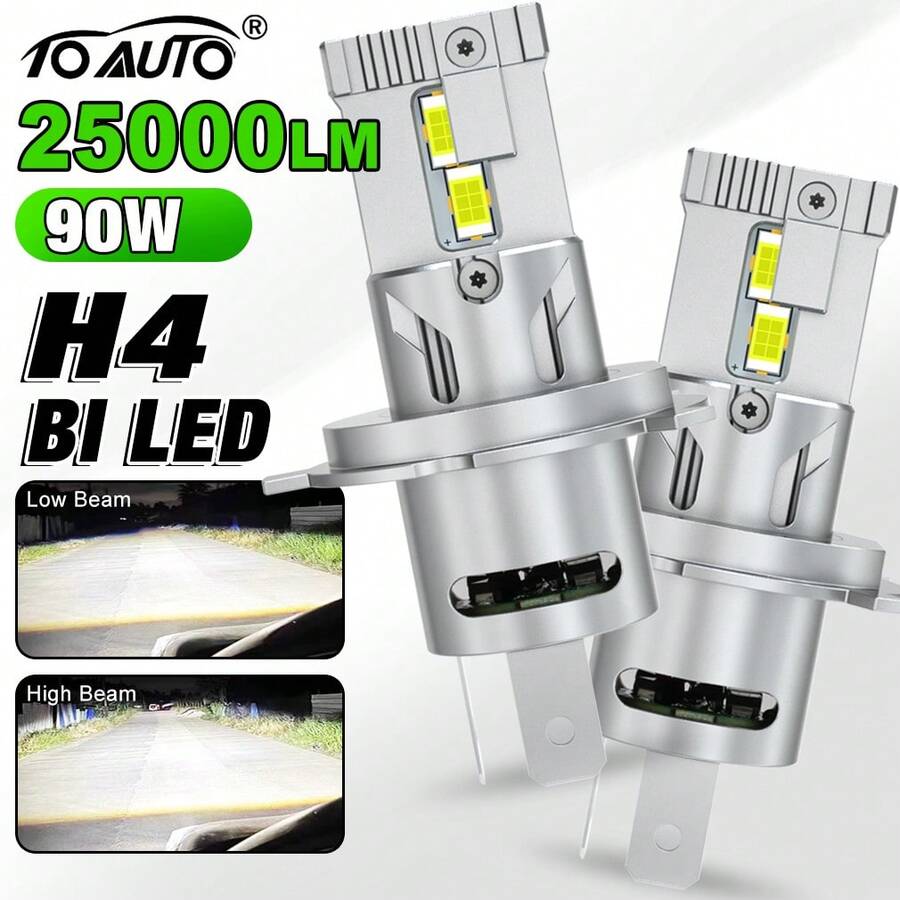 TOAUTO 2Pcs 25000LM 90W H4 Super Bright Canbus Auto Headlamp Turbo LED High Low Beam Headlight Bulb 12-CSP Chips No Error - A - View 1