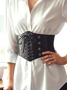 1pc Women's Basic Casual Black Personalized Five-Pointed Star Drawstring Adjustable Waist Cincher, Slim Fit Suitable For Daily Commute, Runway, Street Style, Gatherings, Dates And Other Occasions - Black - View 3