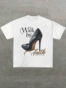 Plus Size Women T-Shirts,Walk By Faith Print  ,(1 Pcs )100% Cotton Casual Printed T-Shirt,Crew Neck Short Sleeve,220g  Cotton T-Shirt,For Going Out,Gift,Summer,Unisex - trắng - Xem 1