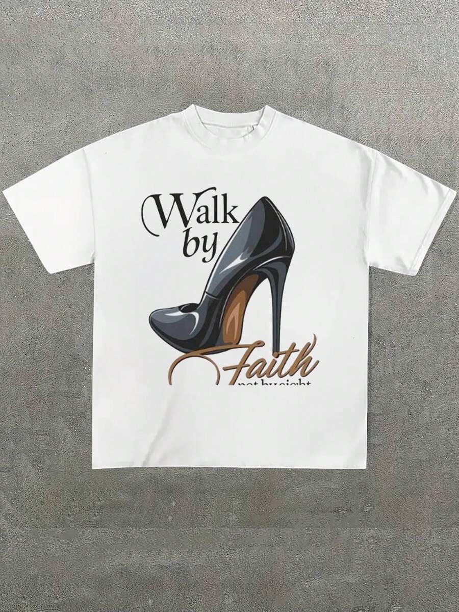 Plus Size Women T-Shirts,Walk By Faith Print ,(1 Pcs )100% Cotton Casual Printed T-Shirt,Crew Neck Short Sleeve,220g Cotton T-Shirt,For Going Out,Gift,Summer,Unisex - trắng - Xem 1