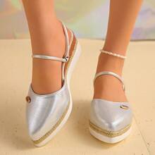 Retro Metallic Sheen Wedge Mule Shoes, Metallic Textured Upper, Elegant Slip-On Design, Convenient Slip-On, Fashionable For Daily Commute In Summer - Silver - View 4