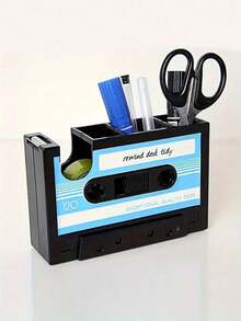 复古磁带笔筒 - 复古磁性办公用品收纳盒，PE材质，黑色，附赠彩色文具，办公收纳 | 趣味收纳 | 复古美学，磁带