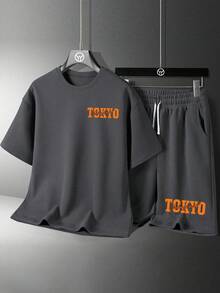 Set Kaos Lengan Pendek Leher Bulat dan Celana Pendek Motif Kartun untuk Anak Laki-Laki - Dark Grey - View 2