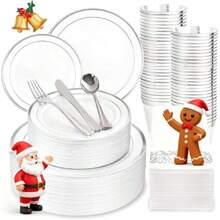 175PCS White And Silver Plastic Plates - Christmas Plastic Plates - 25Guests Silver Disposable Dinnerware Sets For Wedding/Birthday/Christmas/Holiday,38869417 - 白色 - 查看 1