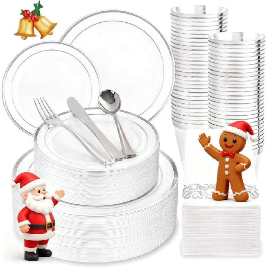 175PCS White And Silver Plastic Plates - Christmas Plastic Plates - 25Guests Silver Disposable Dinnerware Sets For Wedding/Birthday/Christmas/Holiday,38869417 - 白色 - 查看 1