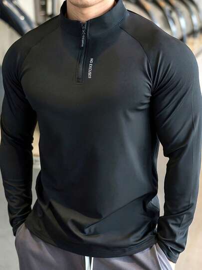 Men's Stand Collar Fitness Top, Half Zip, Outdoor Casual Printed Activewear, Long Sleeve Slim Fit Sweatshirt, Suitable For Sports, Running And Fitness Enthusiasts