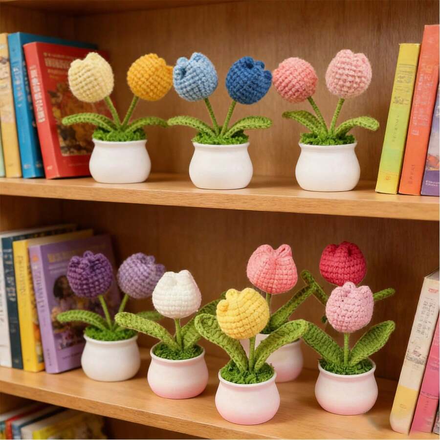 Planta de tulipán realista de maceta hecha a mano a ganchillo, adecuada para escritorio, coche, oficina, decoración del hogar, regalo de vacaciones, regalo del Día de San Valentín, regalo de cumpleaños, regalo de graduación, decoración de vuelta a la escuela, suministros de estudio - Multicolor - Ver 1