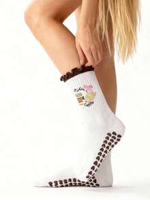 European Sizes 36-43,1Pair/Pilates Grip Socks For Women Yoga Grippy SocksCute Barre Non Skid Athletic Crew Sticky Sock Workout - 棕色 - 查看 4