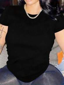 Women's Basic Solid Color Short Sleeve Crew Neck Pure Cotton T-Shirt, Slim Fit Casual Daily Top, Sizes S-XXXL, Soft Breathable Comfortable Tee, Lightweight Summer Fashion Essential, Easy To Match, Classic Style, High-Quality Cotton Fabric, Suitable For All Seasons,  Basic Top For Women - 黑色 - 查看 3