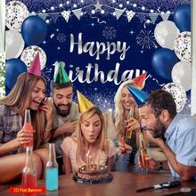 1个2D闪亮生日快乐横幅，银色和海军蓝派对背景，适合男女庆祝活动 - 多色 - 查看 2
