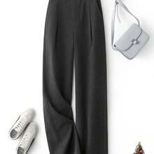 IHIMI Women's Thermal Winter Pants - Thickened Tweed Full-Length Straight-Leg Trousers With Built-In Zipper, Solid Color Elegant Pantsuit For Professional Attire & Cold Weather (Machine Washable) - Xám đậm - Xem 1