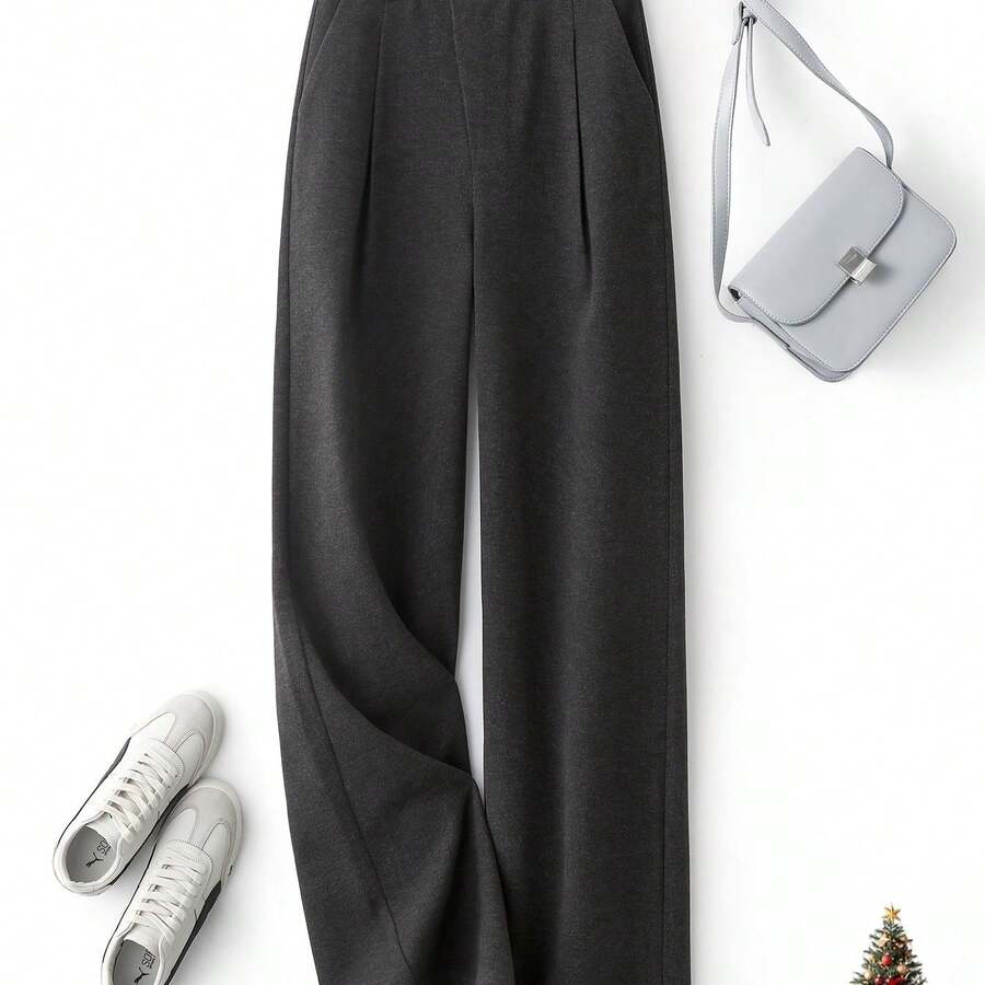 IHIMI Women's Thermal Winter Pants - Thickened Tweed Full-Length Straight-Leg Trousers With Built-In Zipper, Solid Color Elegant Pantsuit For Professional Attire & Cold Weather (Machine Washable) - Xám đậm - Xem 1