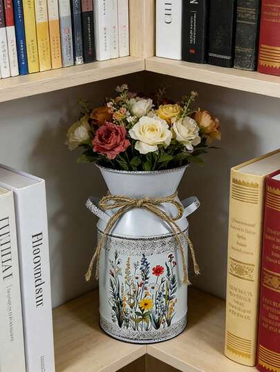 复古浅白色铁艺花瓶，饰以野花图案，并配以麻绳束带，适合插放风信子和铃兰等花束。置于复古书架旁，可以鲜花柔化书架的厚重感，其质朴的花卉图案亦能呼应书架的文学艺术氛围。