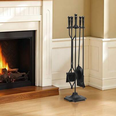Fireplace Tool Set, 5 PCS Fire Tool Set And Holder With Five-Prong Stand, Tongs, Ash Shovel, Brush, Fire Place Poker, Wrought Iron Fireplace Accessories For Campfire Indoor/Outdoor, Black