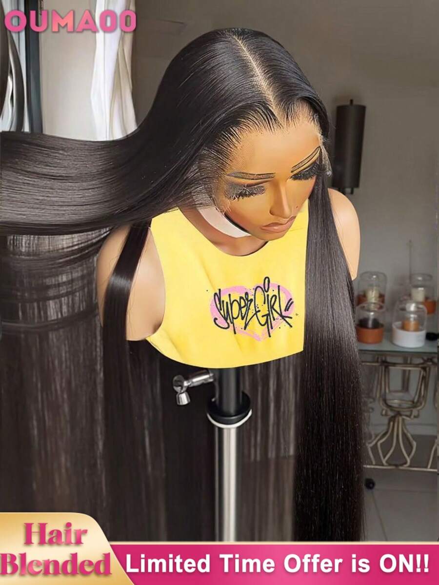 34英寸直发13x4高清蕾丝前置真人发混纺假发，200密度预拔毛无胶前置假发，逼真发际线，柔顺丝滑，适合日常佩戴，也适合节日、晚宴、派对和特殊场合，佩戴舒适，配有可调节帽 - 自然色&黑色系 - 查看 1