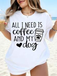 All I Need Is Coffee And My Dog T-Shirt For Women. Cute Dog Lover Graphic T-Shirt With Paw Print And Coffee Cup Design, Perfect For Beach Outfits And Gifts For Animal Lovers. - 黑色 - 查看 7