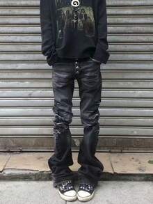 Vaqueros curvos unisex talla grande estilo americano vintage lavados patina 3D cintura alta broches s versátiles - Negro - Ver 4