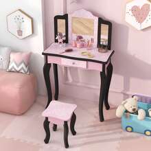 Lifezeal Kids Vanity Table & Stool Set With Cute Polka Dot Print Tri-Folding Mirror Drawer Pink&White/Light Pink&White/Pink&Black/Blue/Pink - Hồng và Đen - Xem 1