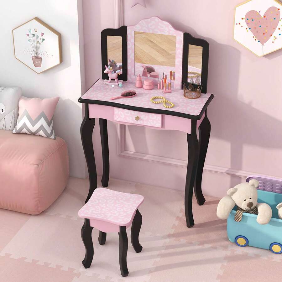 Lifezeal Kids Vanity Table & Stool Set With Cute Polka Dot Print Tri-Folding Mirror Drawer Pink&White/Light Pink&White/Pink&Black/Blue/Pink - Hồng và Đen - Xem 1