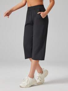 Women's High Waist Nylon Mesh Breathable Loose Fit Capri Pants With Side Pockets, Casual Sports Jogger Pants - Black - View 3