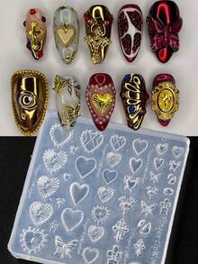 1个巴洛克风格硅胶美甲模具，DIY婚礼美甲模板，带3D心形蝴蝶图案，适用于波西米亚风美甲、美甲沙龙用品，可重复使用，情人节美甲印花工具 - 無色 - 查看 10