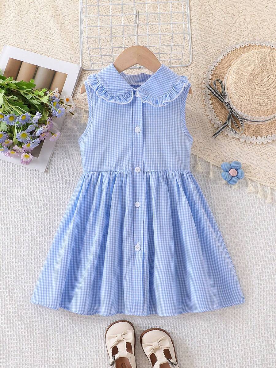女童格子领无袖休闲连衣裙，户外/度假风，校园时尚款 - 藏蓝色 - 查看 1