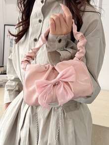 Bow Decor Pleated Chain Shoulder Bag - Pink - View 3