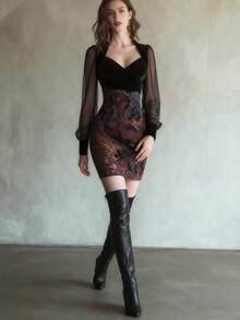 Vestido Corto para Mujer Novedad Estilo Occidental | Sexy Tela Transparente Encaje con Estampado Floral | Corte Halter Ceñido Ajustado a la Cintura y Cadera | Elegante y Moderno - Negro - Ver 3