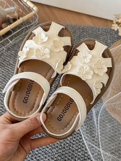 1 Pair Of Girls' Sandals, Pearl Floral Flat Sandals, The First Release Of The New Comfortable, Versatile And Anti-Slip Low-Top Flat Sandals, Suitable For Festival Parties And Gatherings