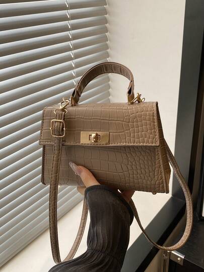 1pc Fashion Solid Color PU Embossed Flap Metal Lock Handbag