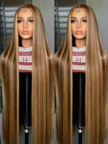 34英寸 P4/27 彩色蕾丝前假发，混合真人发丝，13x4 高清透明直发蕾丝前假发，真人发丝，预先拔毛，女士假发 - SP4/27 - 查看 5