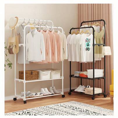 LIVINGANDHOME Living And Home  Sturdy Metal Clothes Rack Double Rod Design With Side Bars Hooks For Garments Towels Bags Storage Holiday
