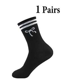 1/5/10 Pairs New Bow Tie Mid-Calf Socks, Thick Mid-Calf Socks With Striped Bow Tie Design, Suitable For Various Outfits, Unisex Couple Mid-Calf Socks