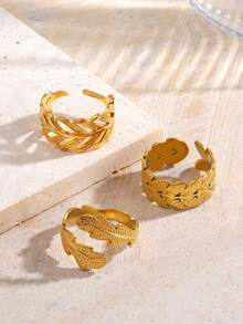 3pcs/Set Stainless Steel 18K Gold Plated Fashionable Feather Design Ring Set, Suitable For Women's Daily Wear And Parties - Multicolor - View 4