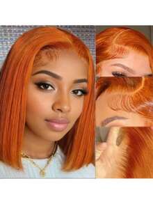 8英寸姜橙色180%密度13x4隐形高清蕾丝前置真人混发假发，即戴即剪，直发蕾丝闭合假发，告别打结，无胶预拔毛巴西原生真人混发长假发，带婴儿发，8-36英寸 - S350 - 查看 3
