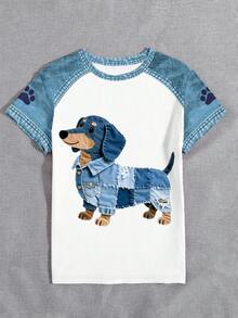 DEAR MOLLY 女士可爱腊肠犬印花仿牛仔复古时尚圆领短袖T恤，适合日常休闲穿着，四季皆宜，夏季 - 彩色 - 查看 3