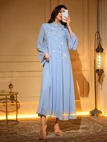 Solessence Elegant Long Sleeve Arabic Dress, Decorated With Pearl And 3D Rose Beaded Stand Collar, Woven Fabric - Sky Blue - View 7