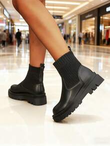 女士踝靴和短靴，松紧带厚底靴，黑色、米色、卡其色、棕色，时尚秋冬季一脚蹬靴 - 黑色 - 查看 5