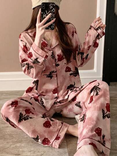 2 piezas Conjunto de ropa de dormir con estampado floral y textura para mujer, ropa de estar por casa romántica y casual para primavera/verano