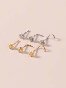 3Pcs Set Flower Nose Ring Set, Hypoallergenic Stainless Steel 18K Gold Plated - 20G, Washable, No Need To Remove, No Need To Care For Ear Piercings, S-Shaped, L-Shaped, And Straight Nose Rings, Piercing Jewelry Set - Multiple Styles - View 5