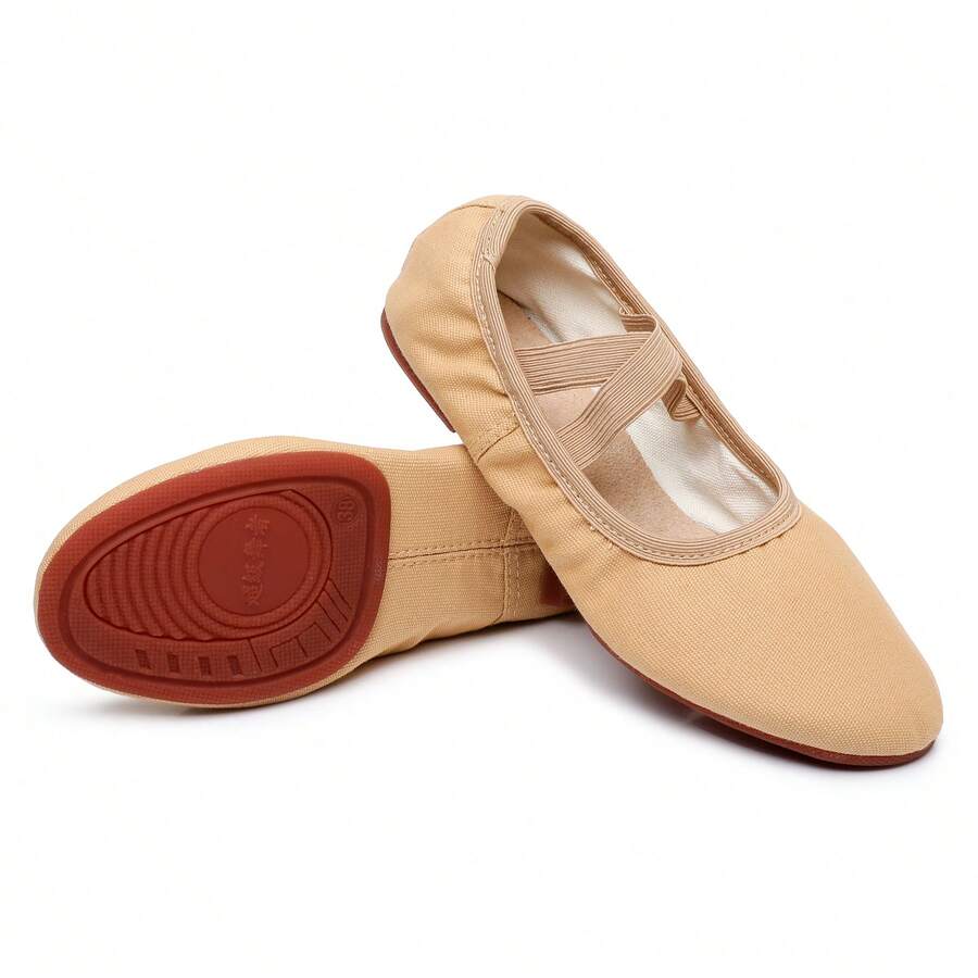 室内外软底芭蕾舞鞋、舞蹈鞋、瑜伽鞋、练习鞋、平底鞋、现代舞鞋、古典舞鞋，舒适耐穿，防滑，弹性开口，免系带设计 - 卡其色 - 查看 1