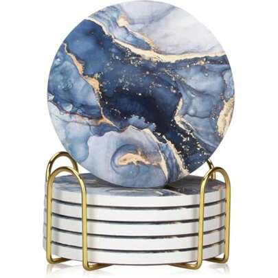 CYPNTimotech Juego de 6 Posavasos de Cerámica Posavasos Redondos Abstractos de Mármol Azul Marino con Soporte Posavasos Absorbentes de Cerámica Posavasos Decorativos de Mesa de Café Vasos de BebidasFashion