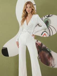 Elegant Twist Rhinestone Embellished Flared Jumpsuit, Party Dress