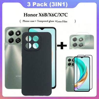 2026 New 3-In-1 Phone Case For Honor X6B/X6C/X7C/X5B, TPU Silicone Soft Protective Case + Kunlun Tempered Glass Screen Protector (For Honor X7C) + Lens Film