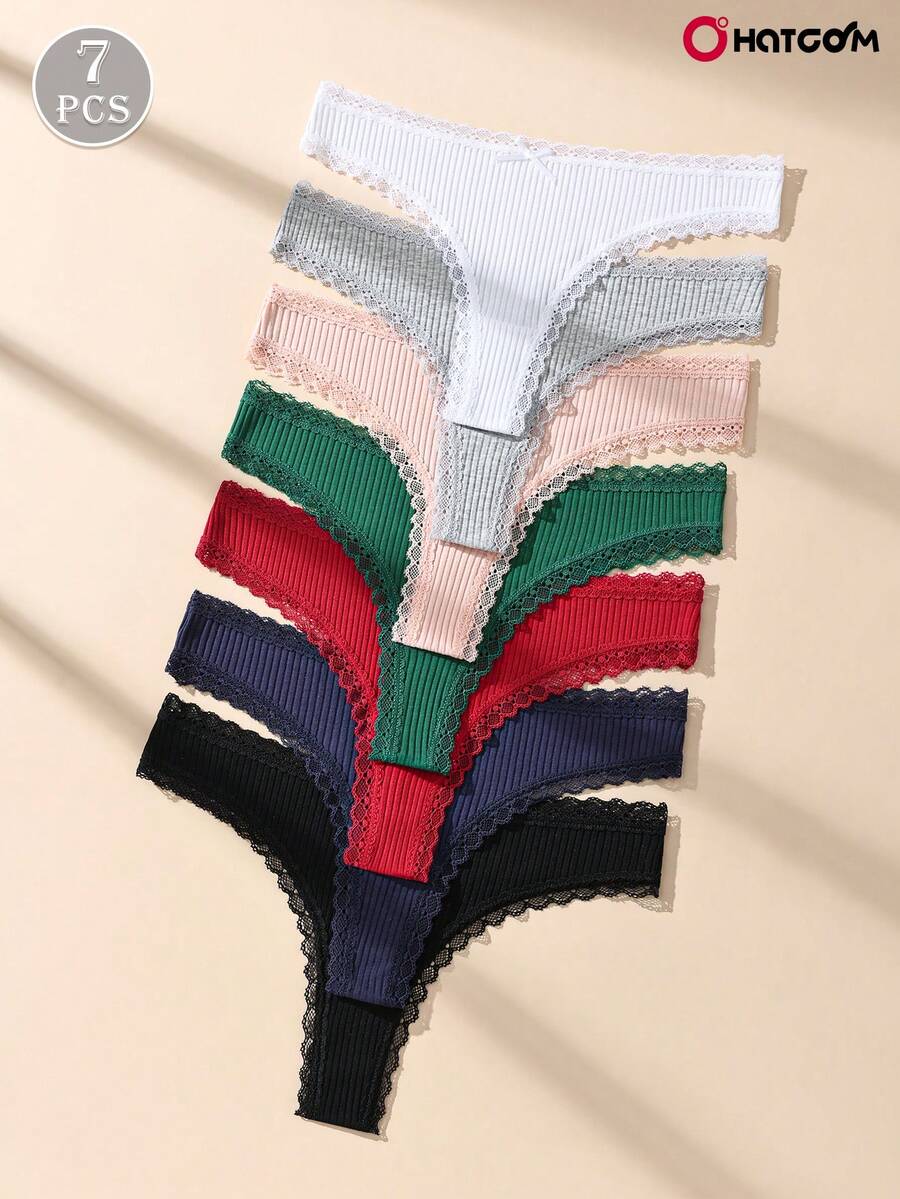 7pcs/Pack Solid Color Cotton Bow Tie Thong Panties, Sexy Lace Patchwork Ribbed Women's Underwear