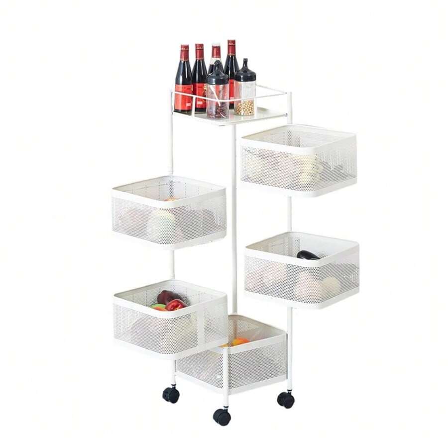 5 Tier Rolling Storage Cart, Metal Mesh Rolling Cart Organizer With Top Lid - Color: White - View 1