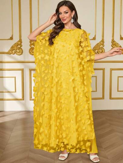 Ramadan Ramadan Exclusive Apparel, Yellow Floral Petal Sheer Loose Abaya Dress, Suitable For Special Occasions And Everyday Wear