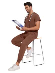Conjunto de ropa de trabajo médica para hombres, uniforme de dentista/enfermero, top de cuello en V de manga corta, pantalones deportivos médicos, ropa de trabajo de enfermería, ropa de trabajo de doctor - Marrón - Ver 8