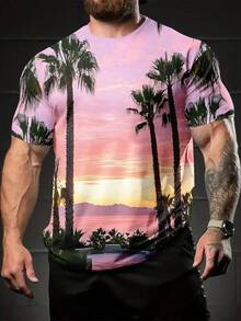 Men's Tropical Sunset Palm Tree Print 3D Digital Graphic T-Shirt - Pink & Purple Gradient Full-Body Design, Breathable Crew Neck Short Sleeve, Regular Fit Casual & Sportswear, Machine Washable, Summer Apparel, Comfortable Wear, PLUS SIZE - 混合色 - 查看 2