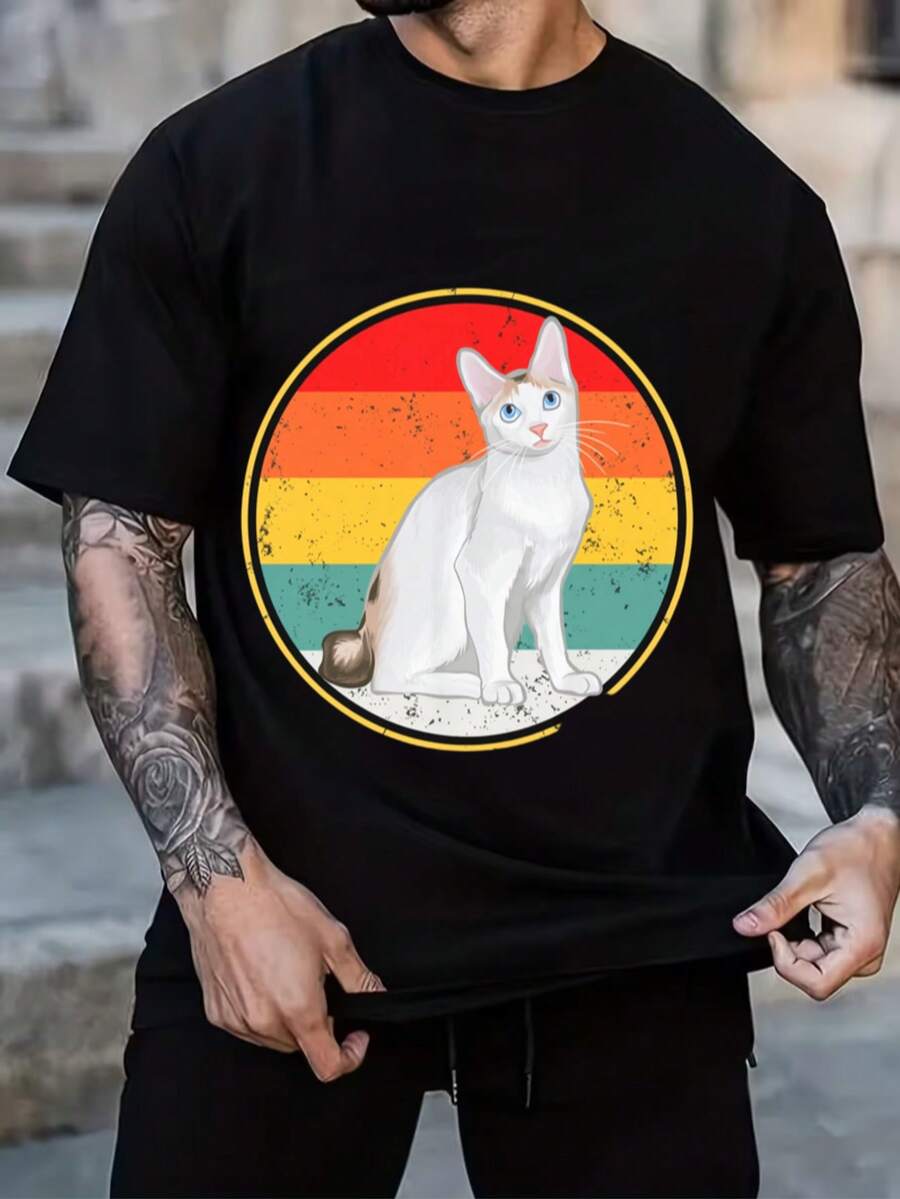 Fashion Essential Short-Sleeved T-Shirt With White Cat Print In Colorful Striped Circular Pattern - Black - View 1